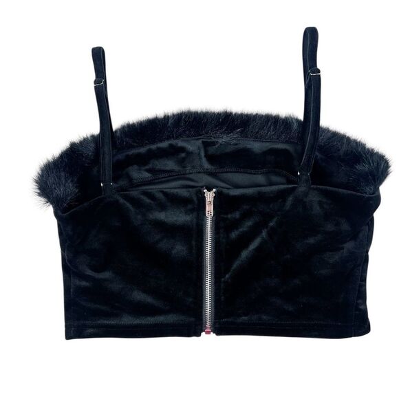 Kittenish Party Girl Black Velvet Spaghetti Strap Crop Top Faux Fur Trim Medium - Picture 2 of 7